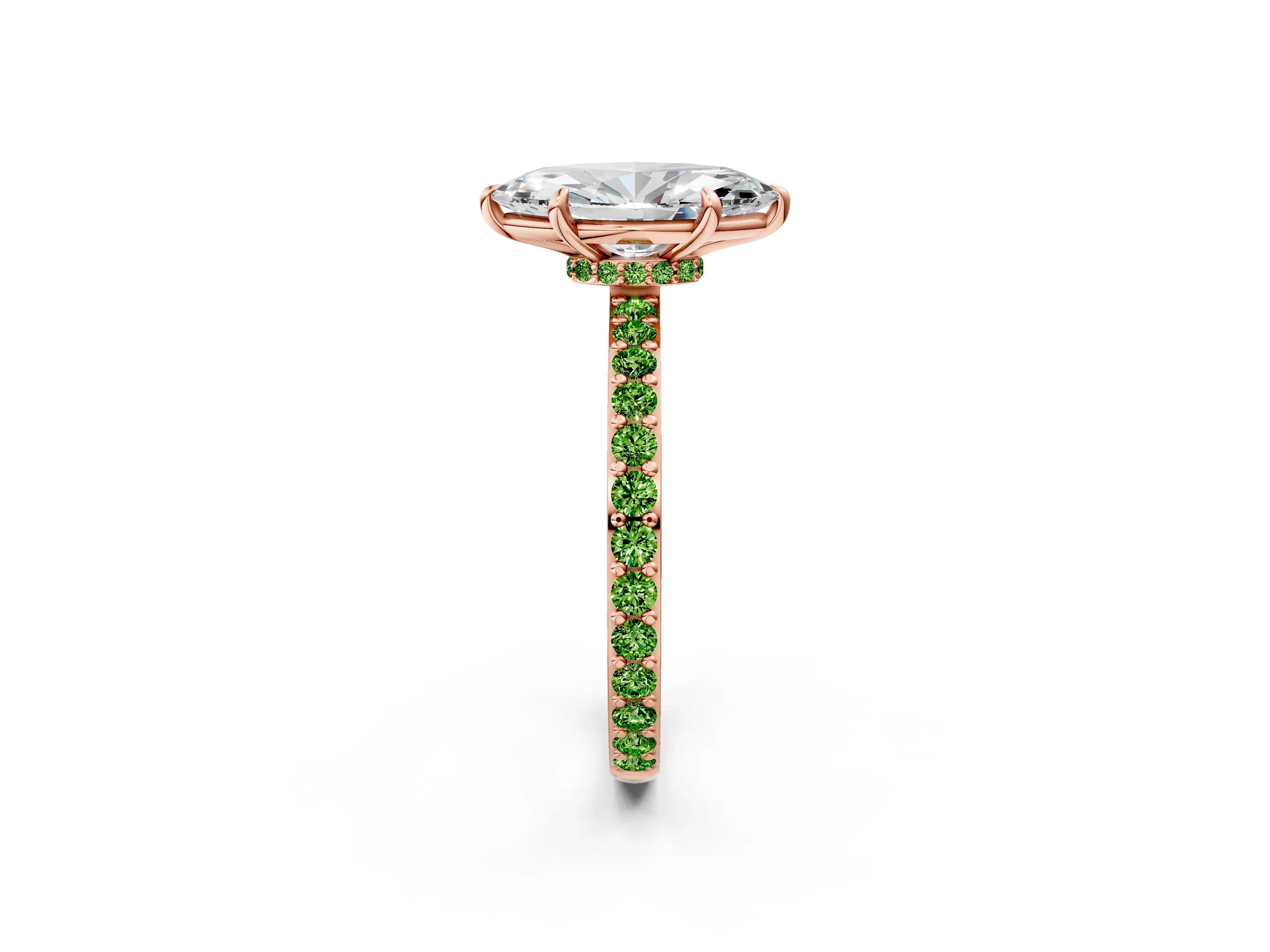 Rose gold Marquise Cut Diamond Pavé Engagement Ring with Round with Peridot side stone Accents and Prong Setting_2