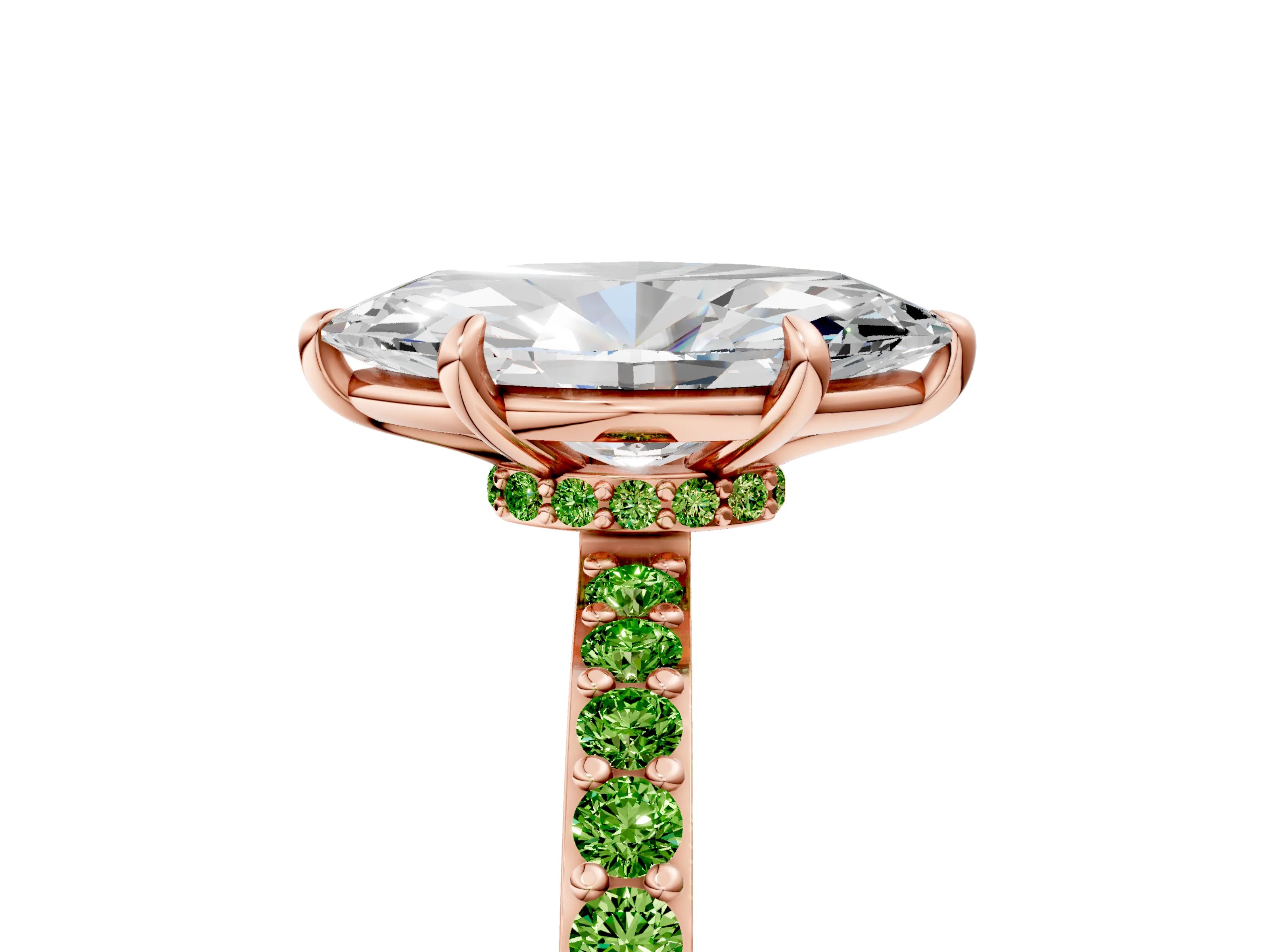 Rose gold Marquise Cut Diamond Pavé Engagement Ring with Round with Peridot side stone Accents and Prong Setting_5