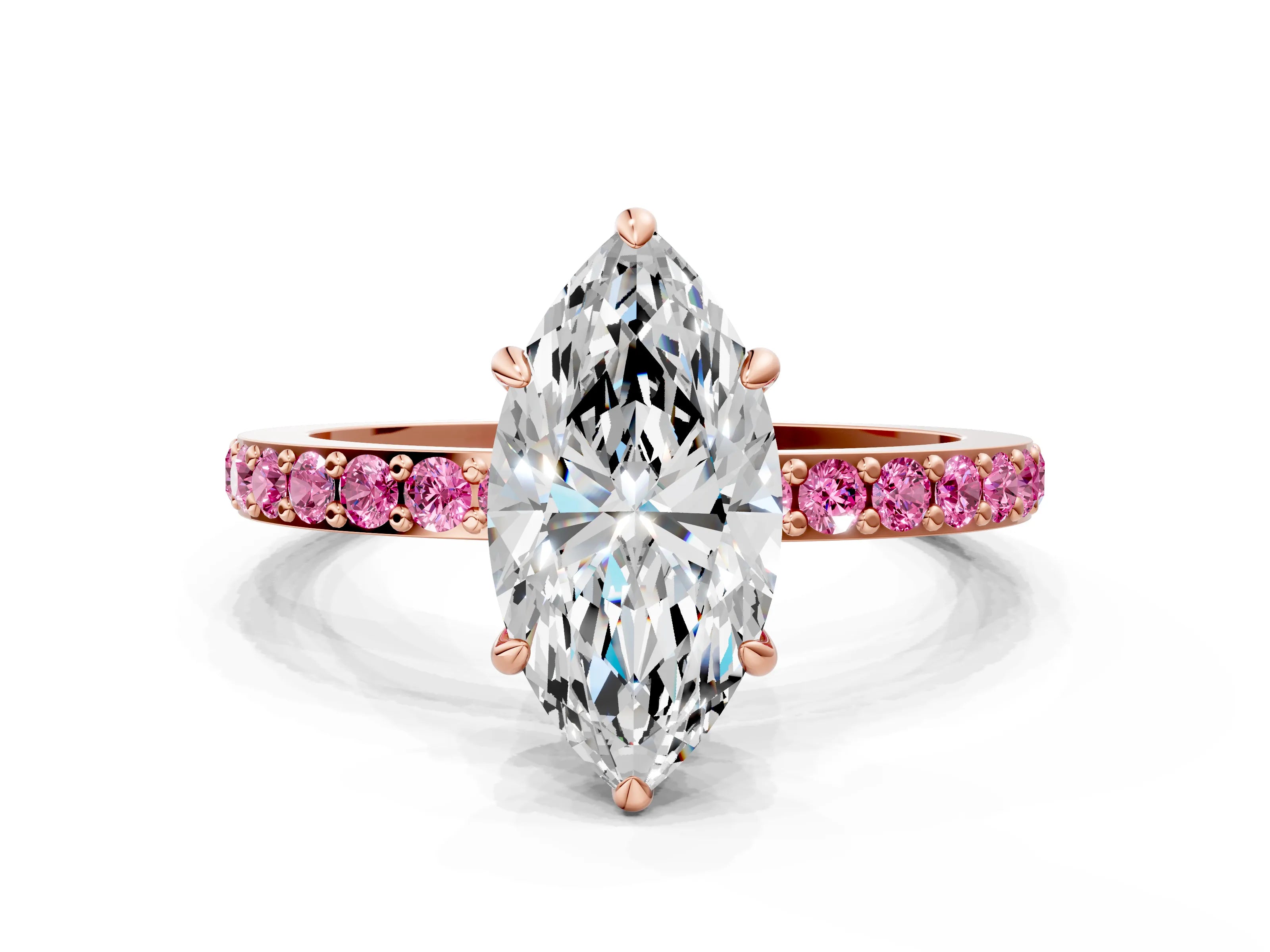 Rose gold Marquise Cut Diamond Pavé Engagement Ring with Round with Pink Sapphire side stone Accents and Prong Setting