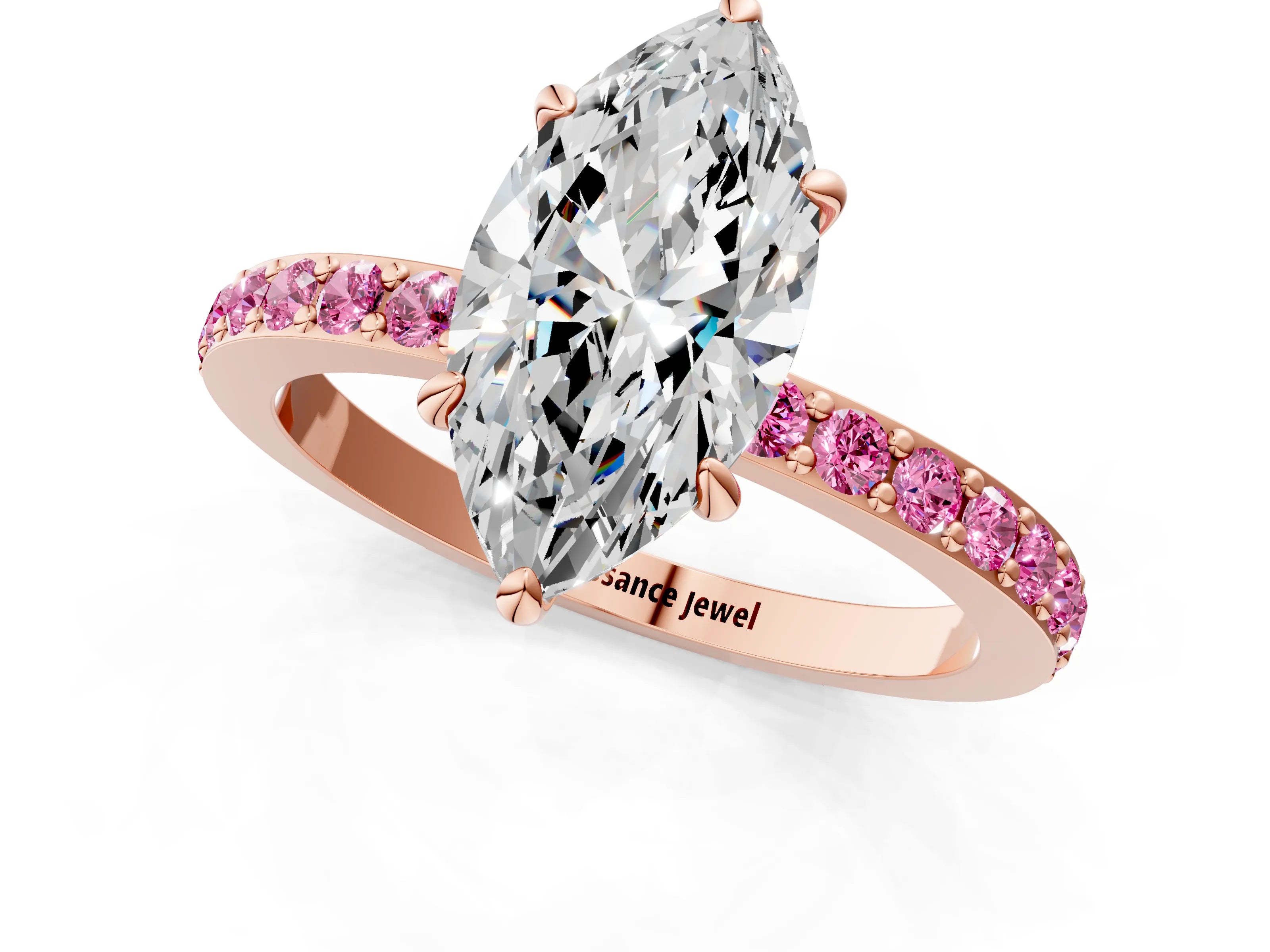 Rose gold Marquise Cut Diamond Pavé Engagement Ring with Round with Pink Sapphire side stone Accents and Prong Setting_1