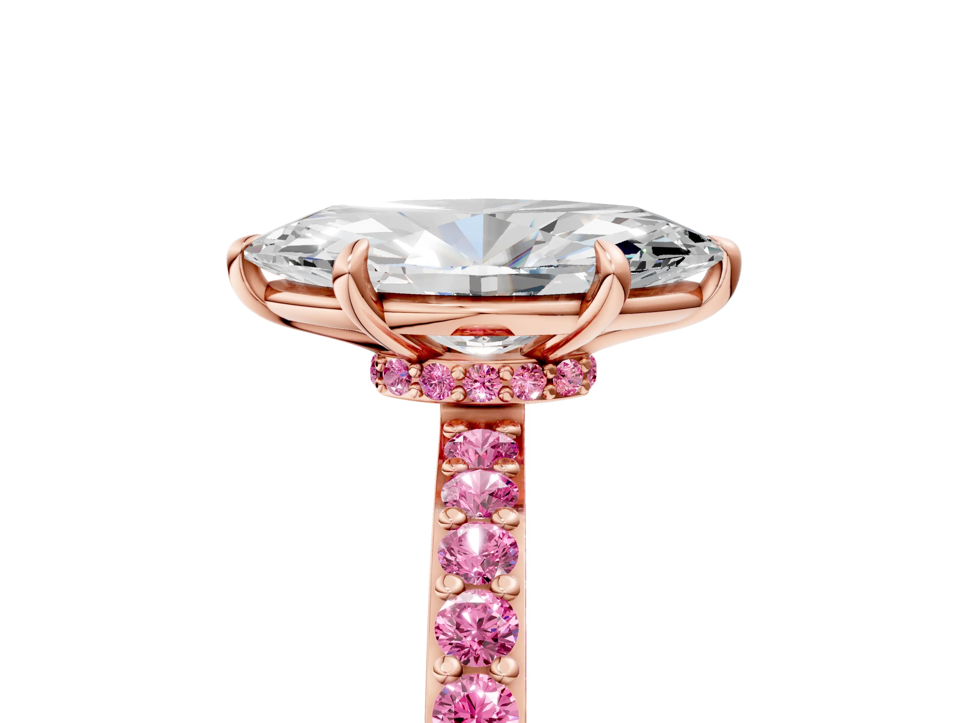Rose gold Marquise Cut Diamond Pavé Engagement Ring with Round with Pink Sapphire side stone Accents and Prong Setting_5