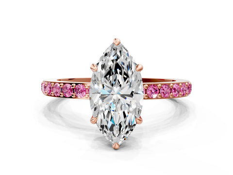 Rose gold Marquise Cut Diamond Pavé Engagement Ring with Round with Pink Sapphire side stone Accents and Prong Setting
