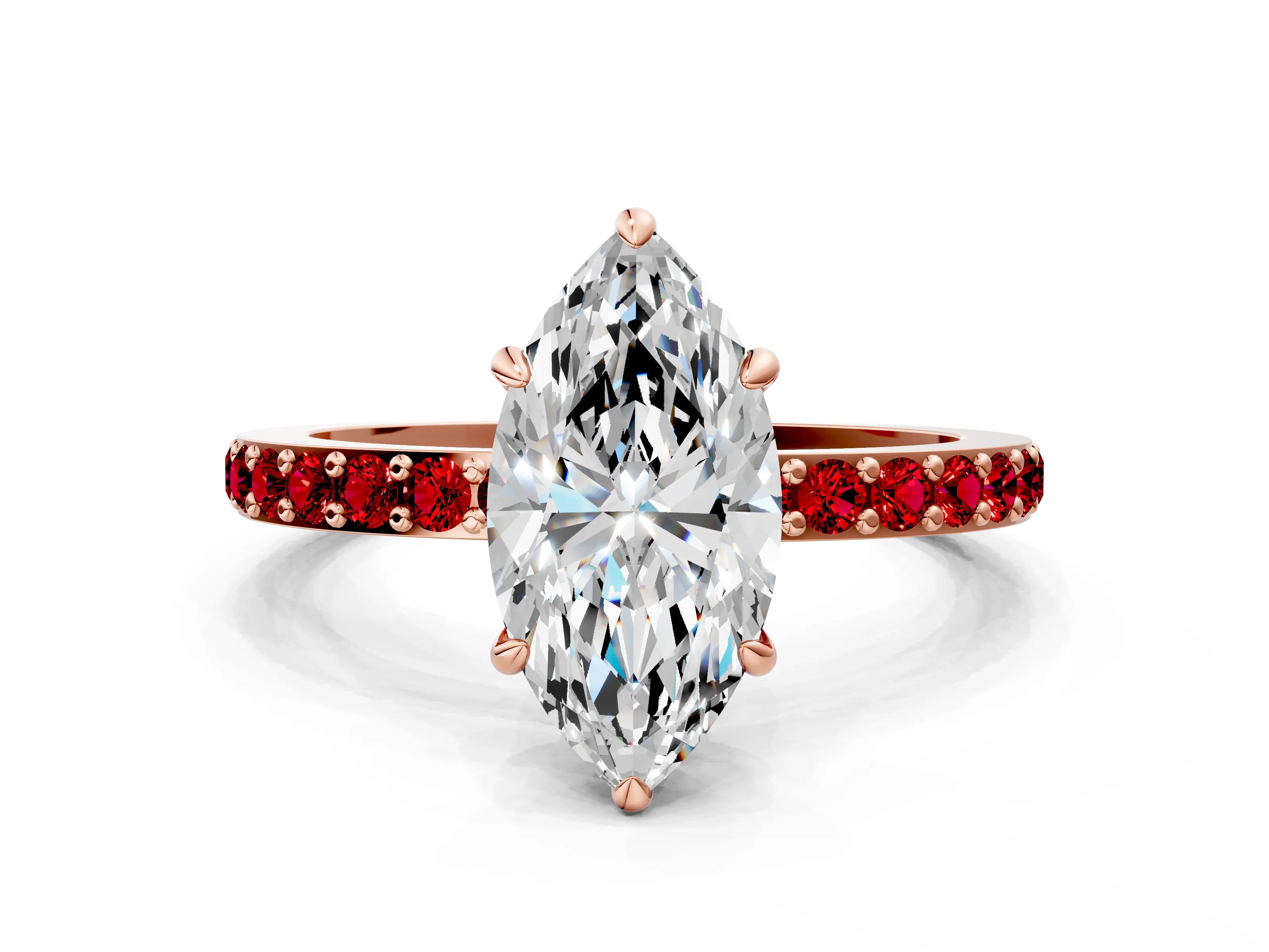 Rose gold Marquise Cut Diamond Pavé Engagement Ring with Round with Ruby side stone Accents and Prong Setting