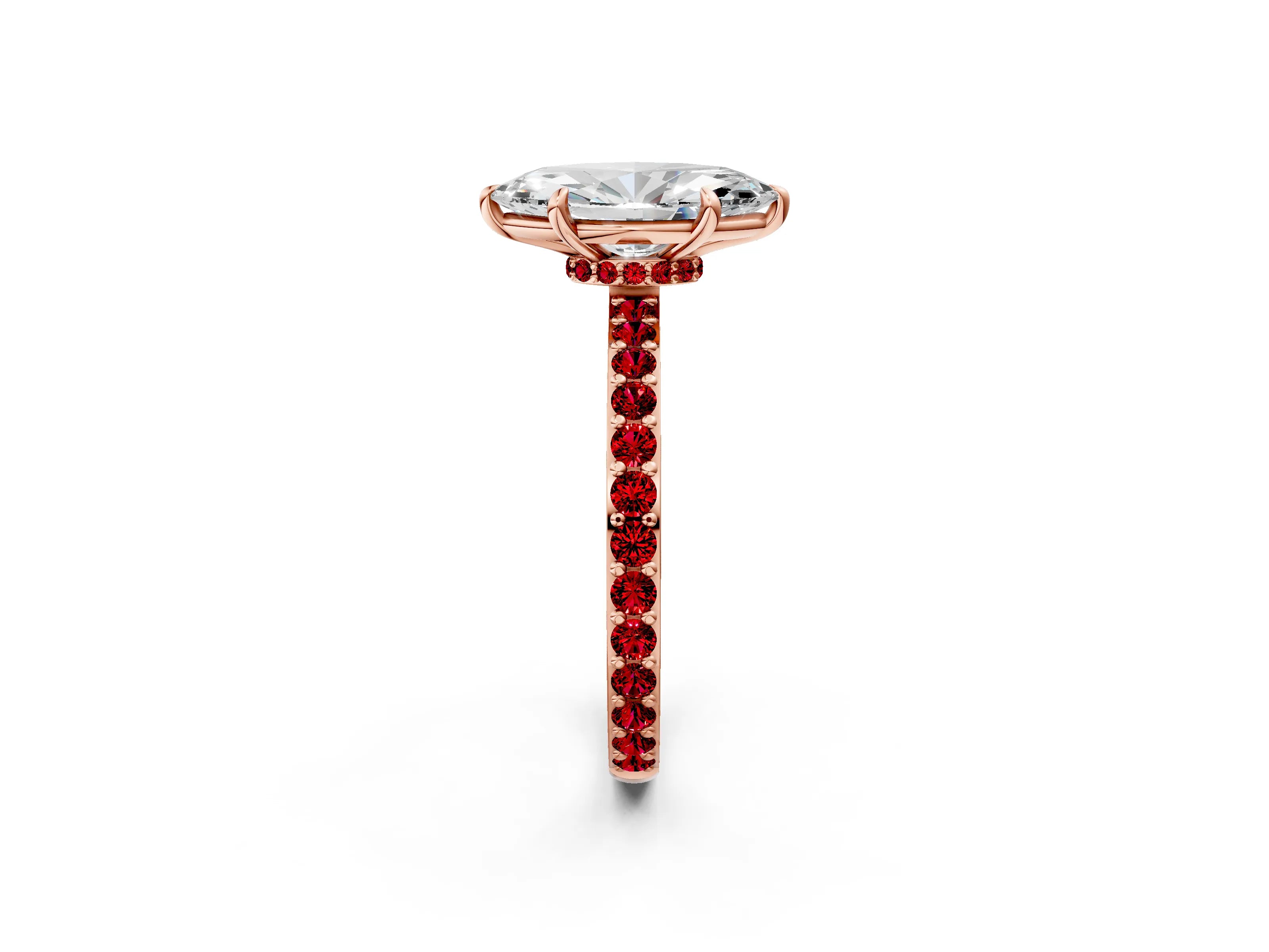 Rose gold Marquise Cut Diamond Pavé Engagement Ring with Round with Ruby side stone Accents and Prong Setting_2