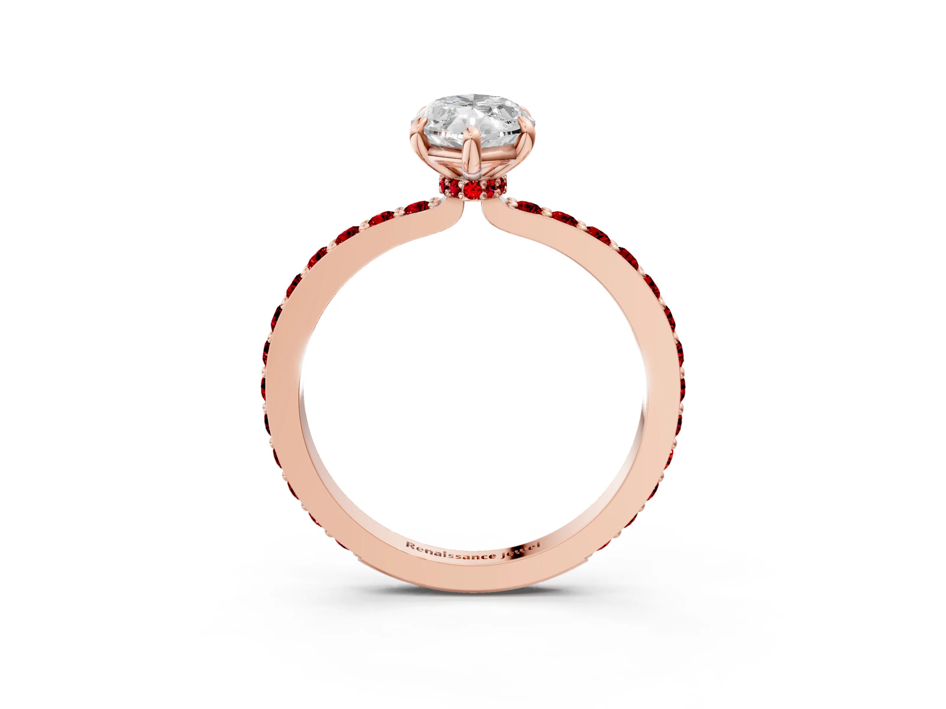 Rose gold Marquise Cut Diamond Pavé Engagement Ring with Round with Ruby side stone Accents and Prong Setting_3