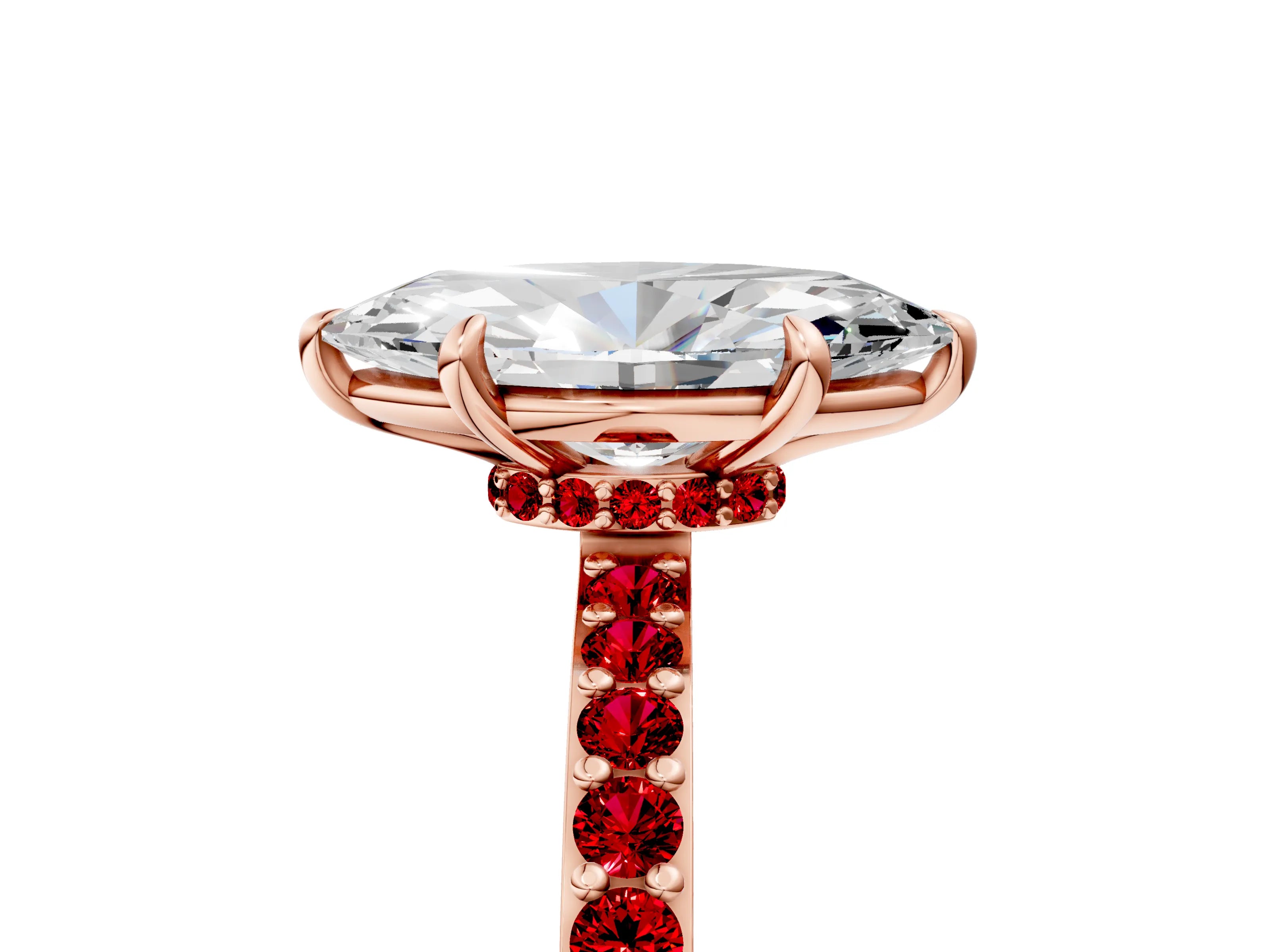 Rose gold Marquise Cut Diamond Pavé Engagement Ring with Round with Ruby side stone Accents and Prong Setting_5