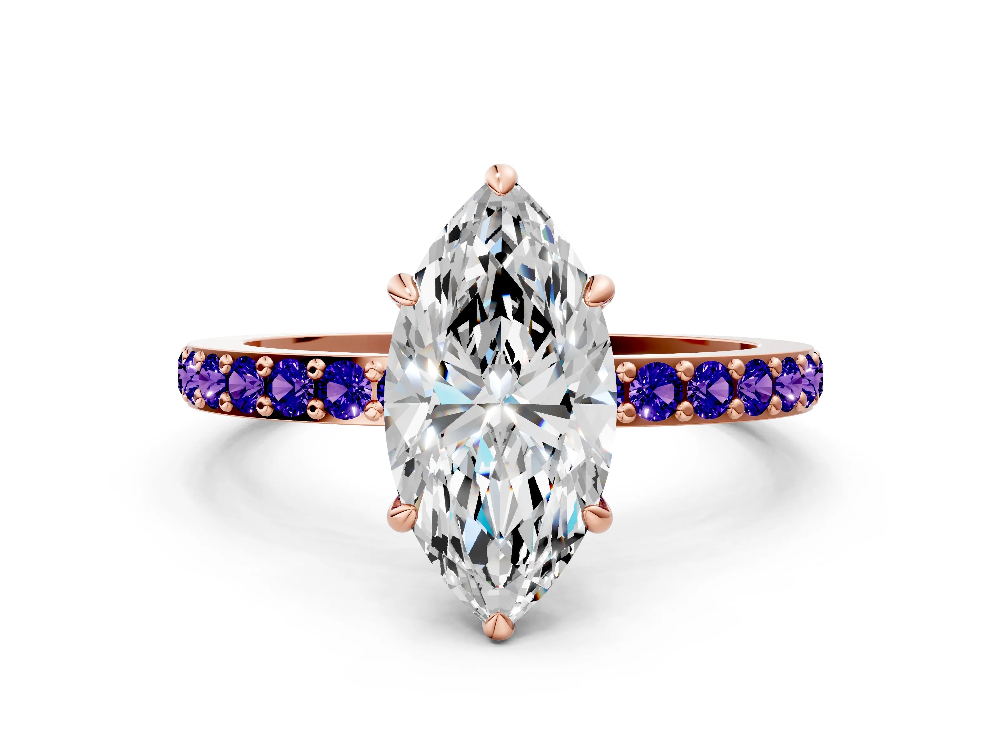 Rose gold Marquise Cut Diamond Pavé Engagement Ring with Round with Tanzanite side stone Accents and Prong Setting