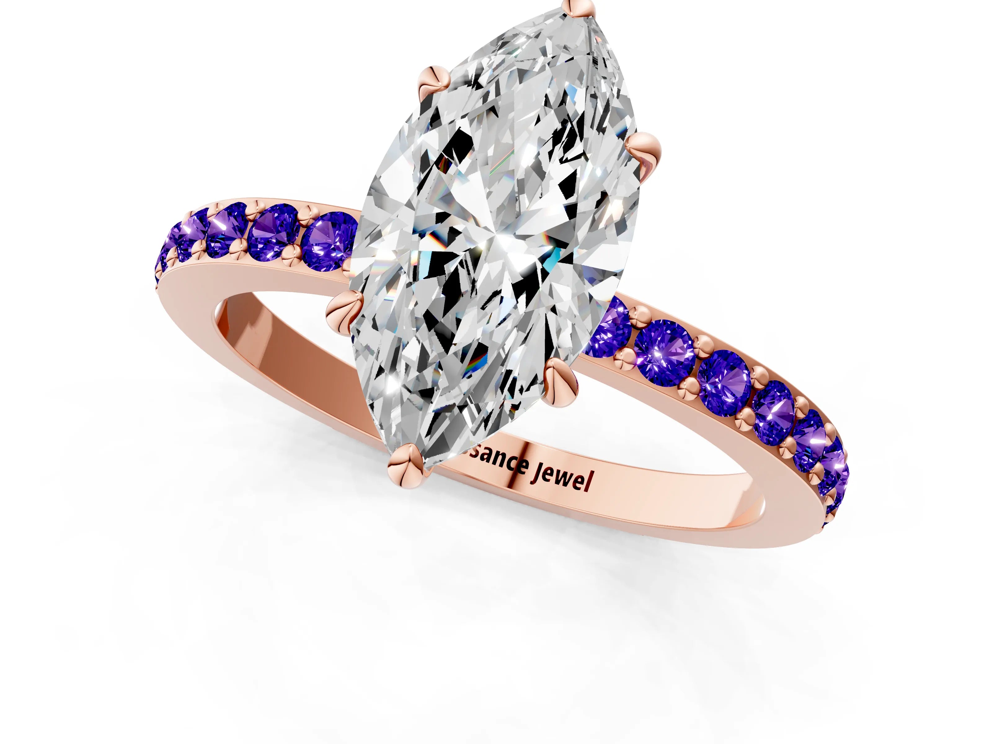 Rose gold Marquise Cut Diamond Pavé Engagement Ring with Round with Tanzanite side stone Accents and Prong Setting_1