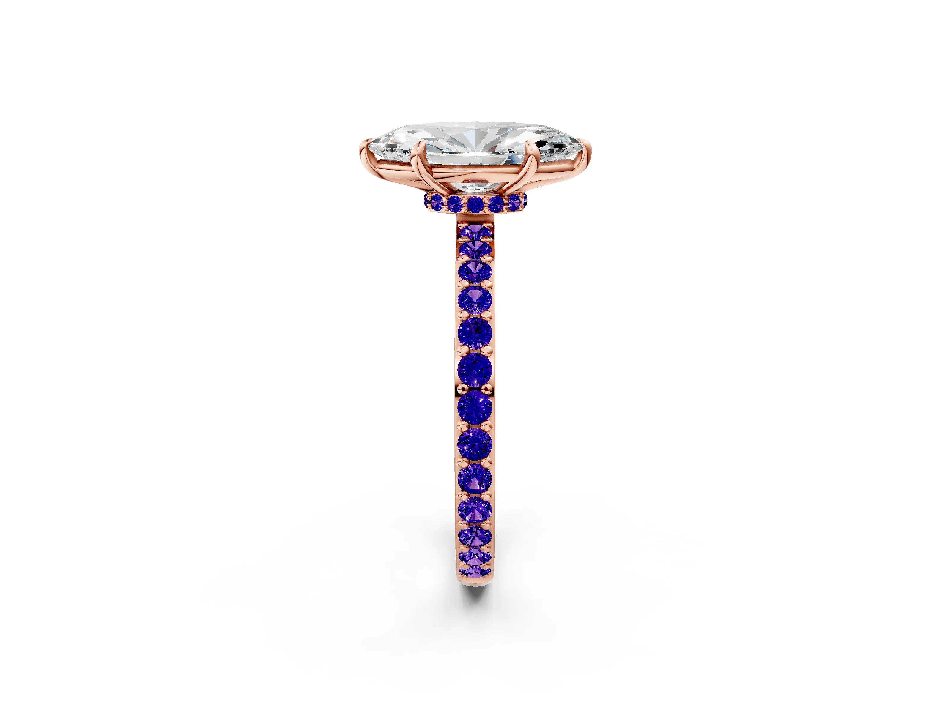 Rose gold Marquise Cut Diamond Pavé Engagement Ring with Round with Tanzanite side stone Accents and Prong Setting_2
