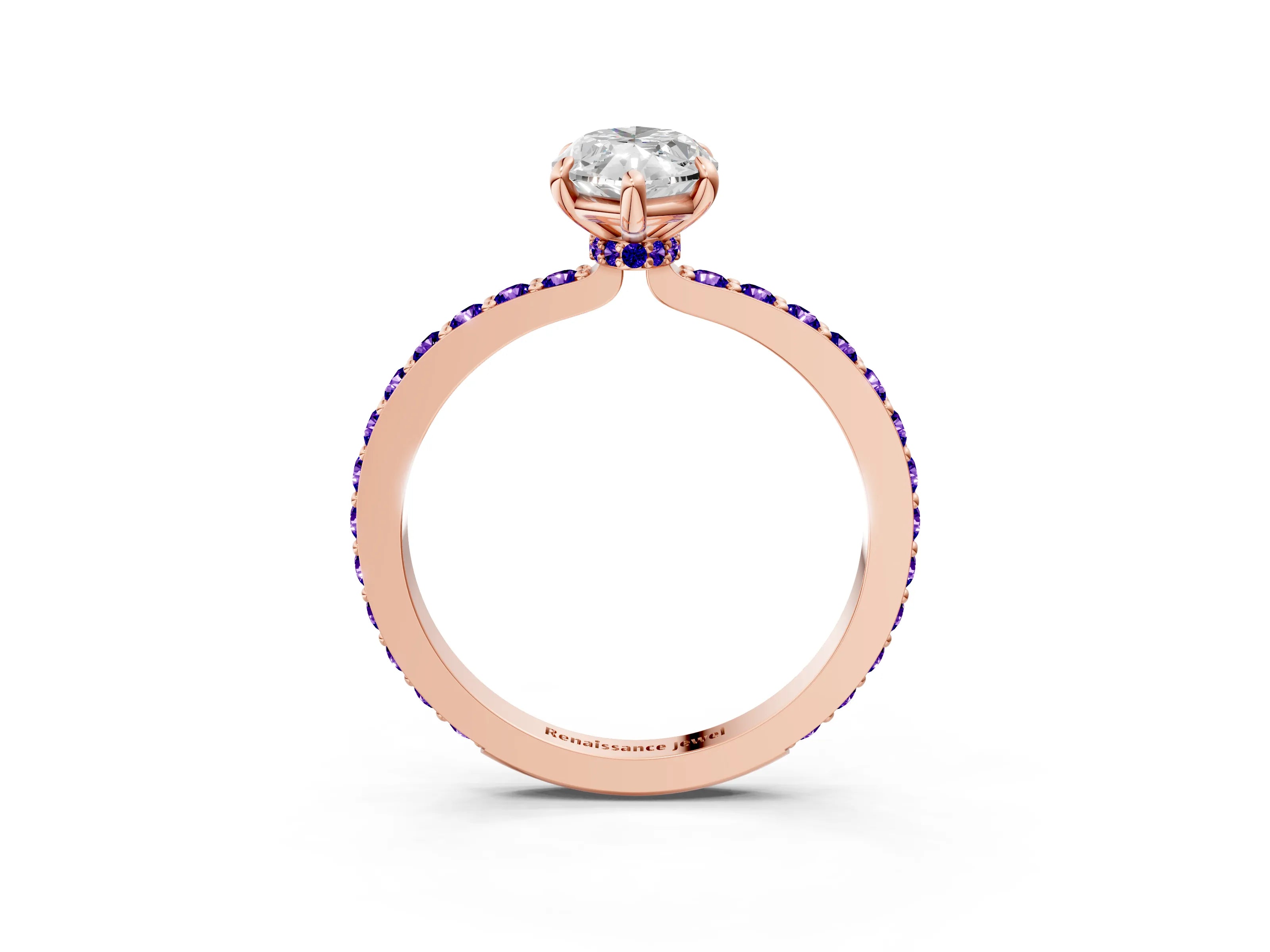 Rose gold Marquise Cut Diamond Pavé Engagement Ring with Round with Tanzanite side stone Accents and Prong Setting_3