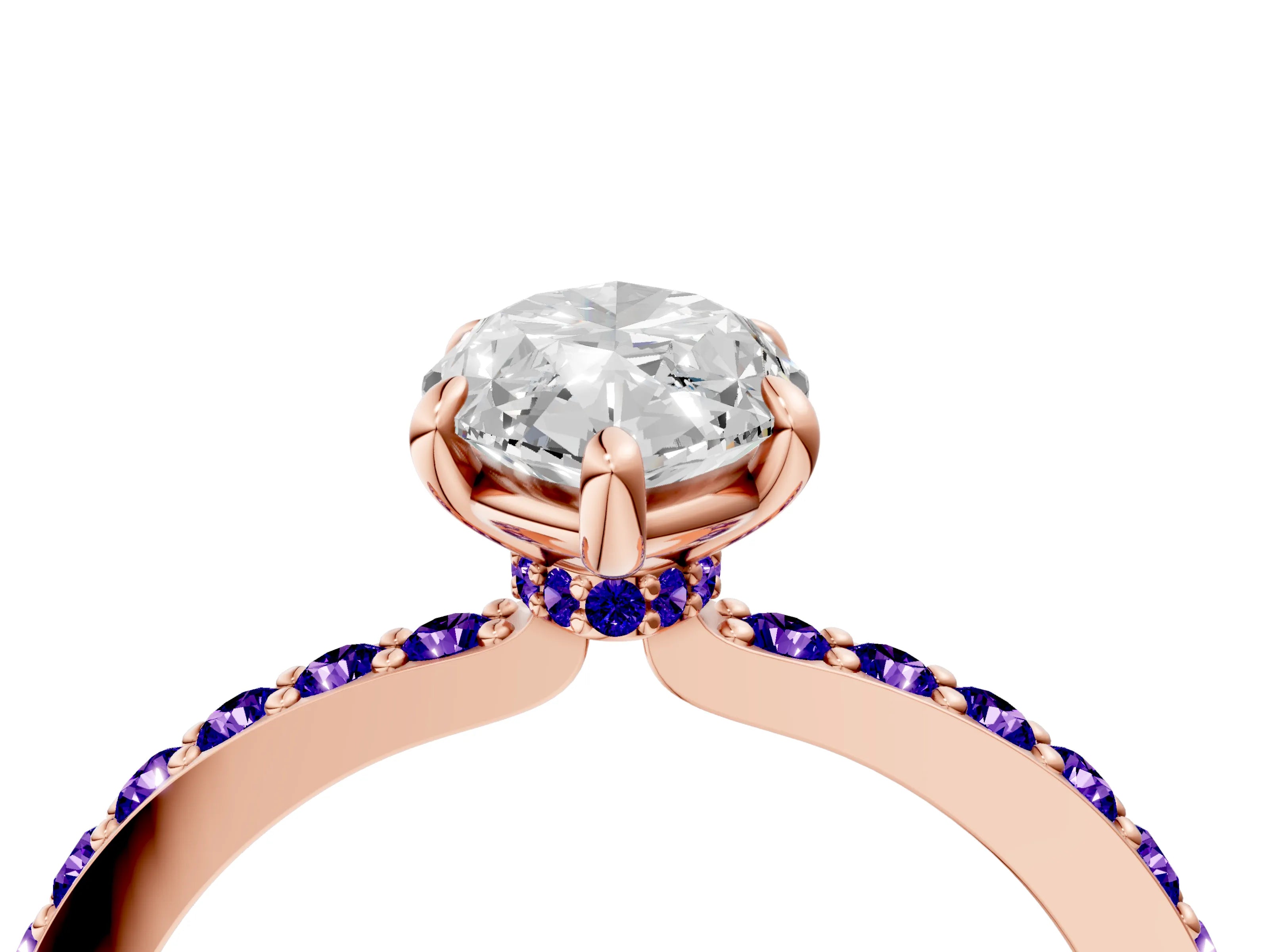 Rose gold Marquise Cut Diamond Pavé Engagement Ring with Round with Tanzanite side stone Accents and Prong Setting_4