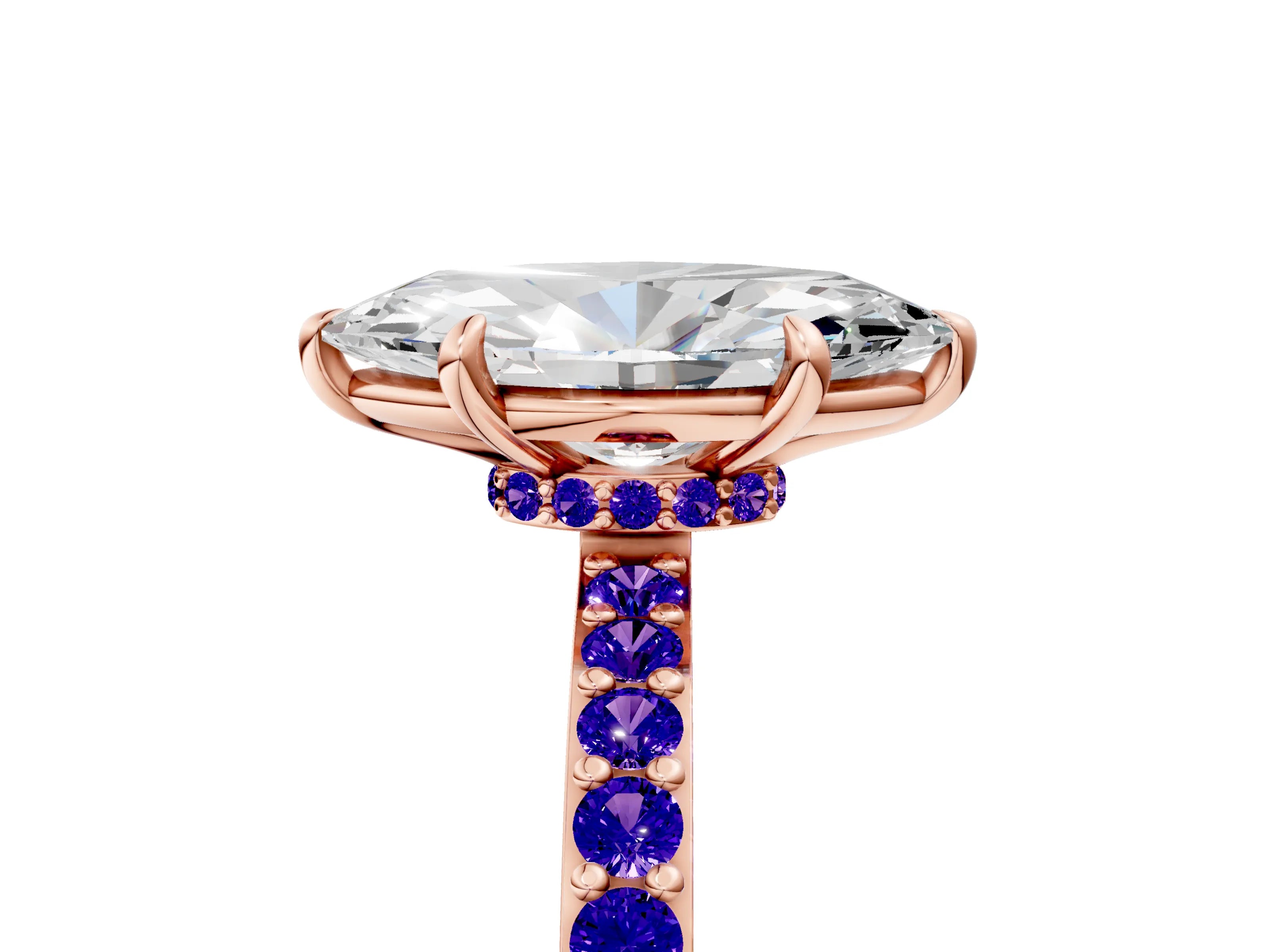 Rose gold Marquise Cut Diamond Pavé Engagement Ring with Round with Tanzanite side stone Accents and Prong Setting_5