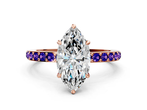 Rose gold Marquise Cut Diamond Pavé Engagement Ring with Round with Tanzanite side stone Accents and Prong Setting