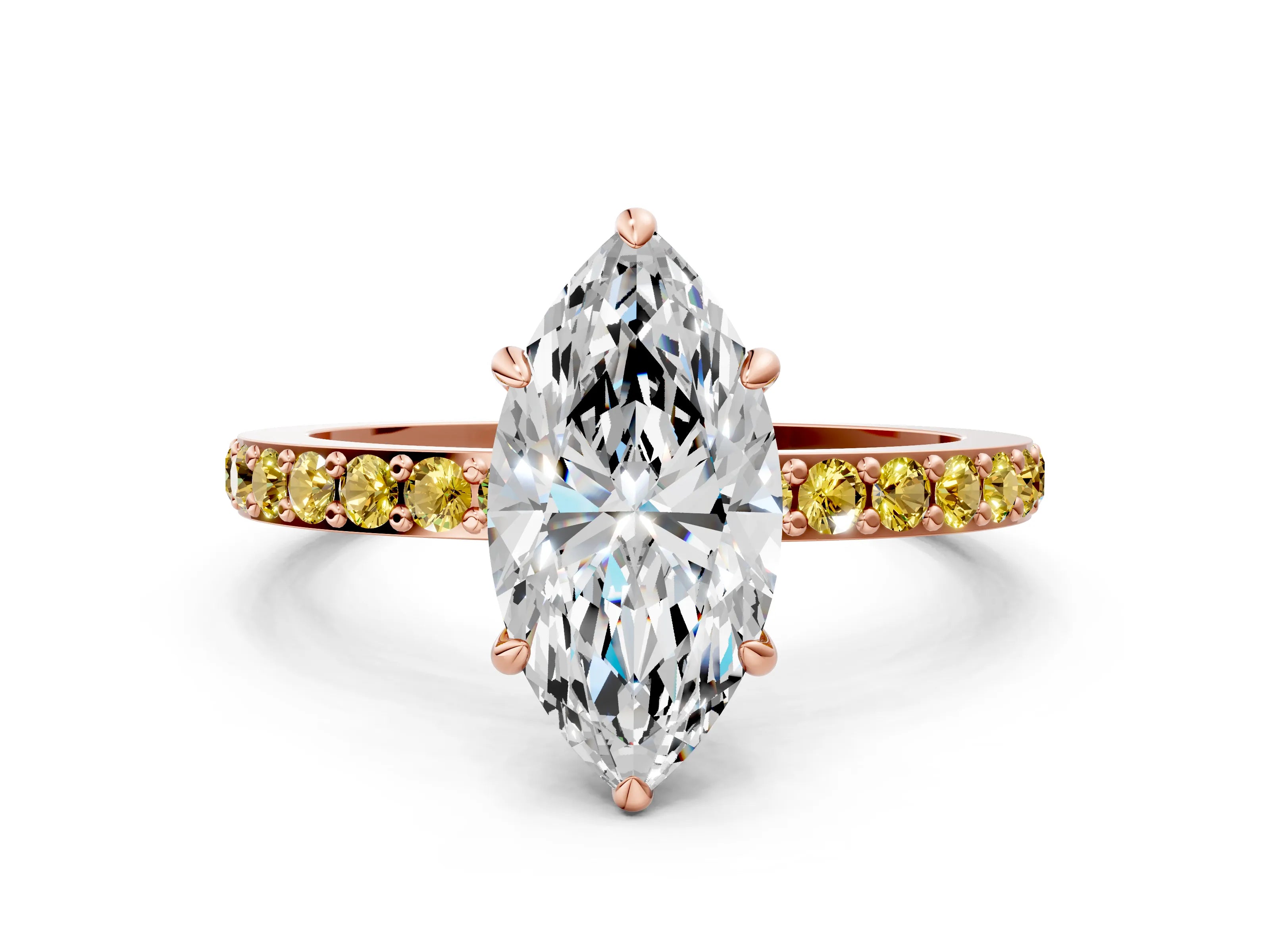 Rose gold Marquise Cut Diamond Pavé Engagement Ring with Round with Yellow Sapphire side stone Accents and Prong Setting