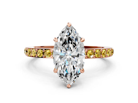 Rose gold Marquise Cut Diamond Pavé Engagement Ring with Round with Yellow Sapphire side stone Accents and Prong Setting