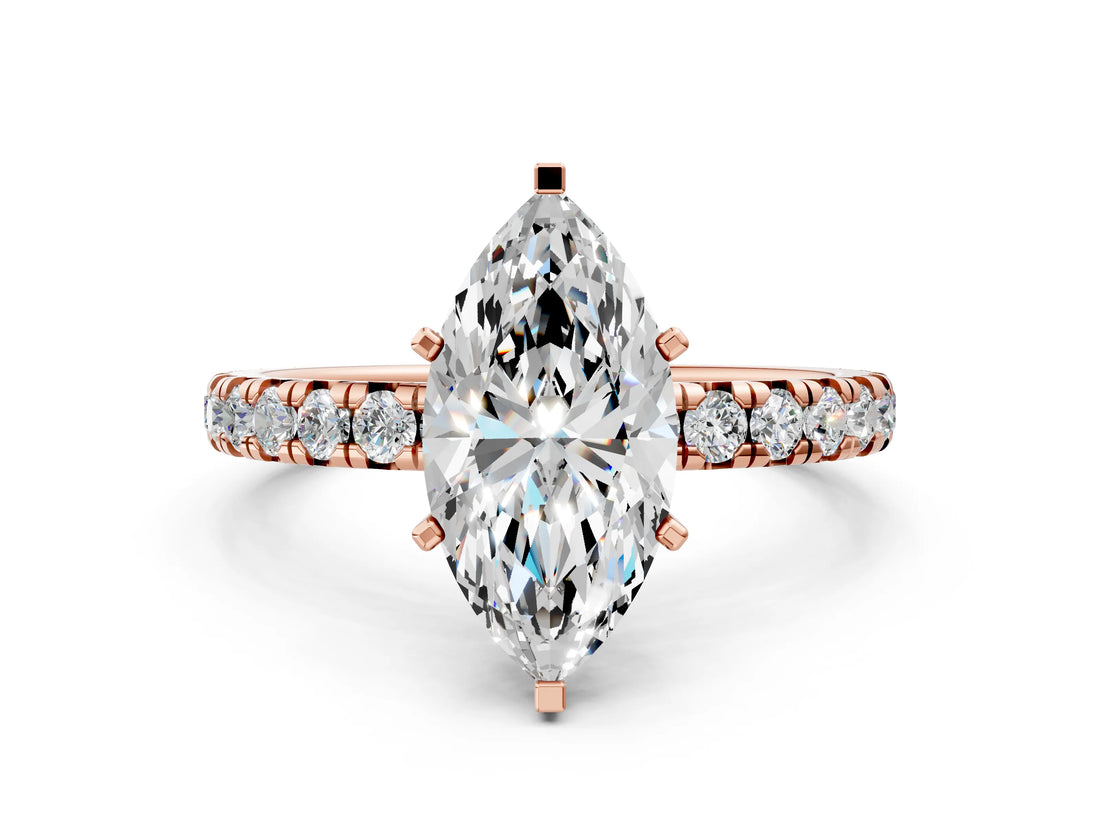 Rose gold Marquise Cut Diamond Pavé Solitaire Ring with Round Band and Prong Setting_12
