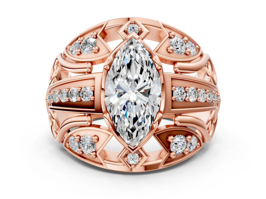 Rose gold Marquise Cut Diamond Pave Art Deco Split Shank Ring with Four-Prong Setting_25