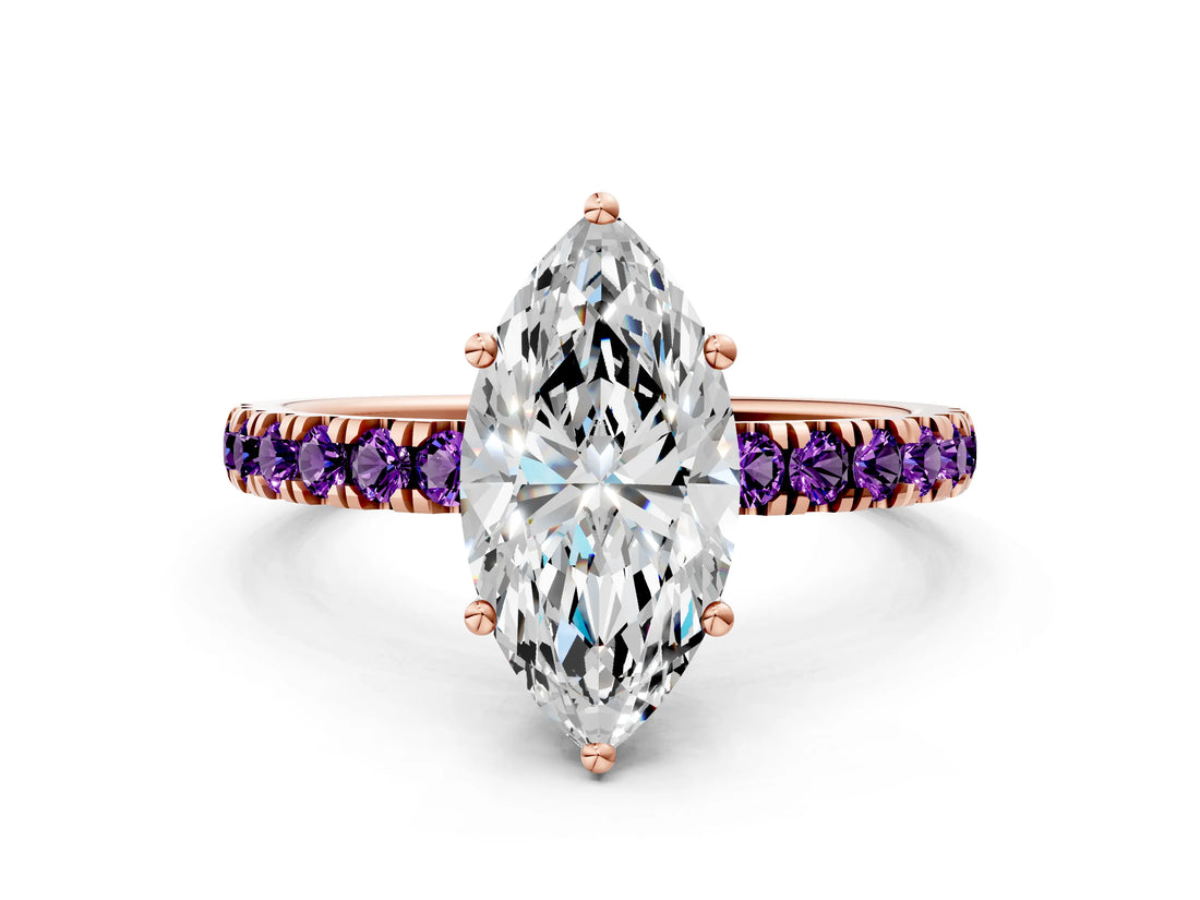 Rose gold Marquise Cut Diamond Pave Band Solitaire Ring with Round with Amethyst side stone and Prong Setting