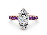 Rose gold Marquise Cut Diamond Pave Band Solitaire Ring with Round with Amethyst side stone and Prong Setting