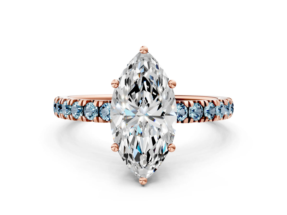 Rose gold Marquise Cut Diamond Pave Band Solitaire Ring with Round with Aquamarine side stone and Prong Setting_12