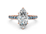 Rose gold Marquise Cut Diamond Pave Band Solitaire Ring with Round with Aquamarine side stone and Prong Setting_12