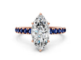 Rose gold Marquise Cut Diamond Pave Band Solitaire Ring with Round with Blue Sapphire side stone and Prong Setting_24