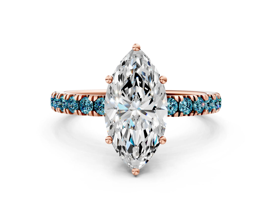 Rose gold Marquise Cut Diamond Pave Band Solitaire Ring with Round with Blue Topaz side stone and Prong Setting_12