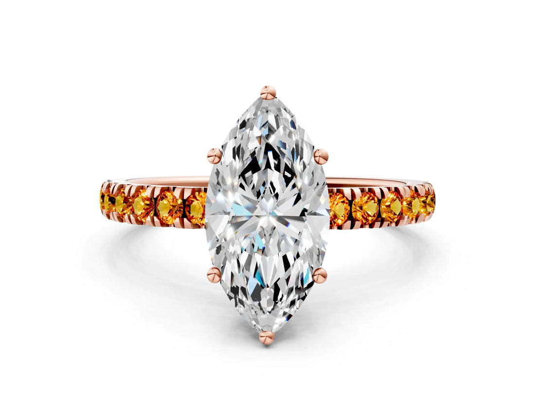 Rose gold Marquise Cut Diamond Pave Band Solitaire Ring with Round with Citrine side stone and Prong Setting