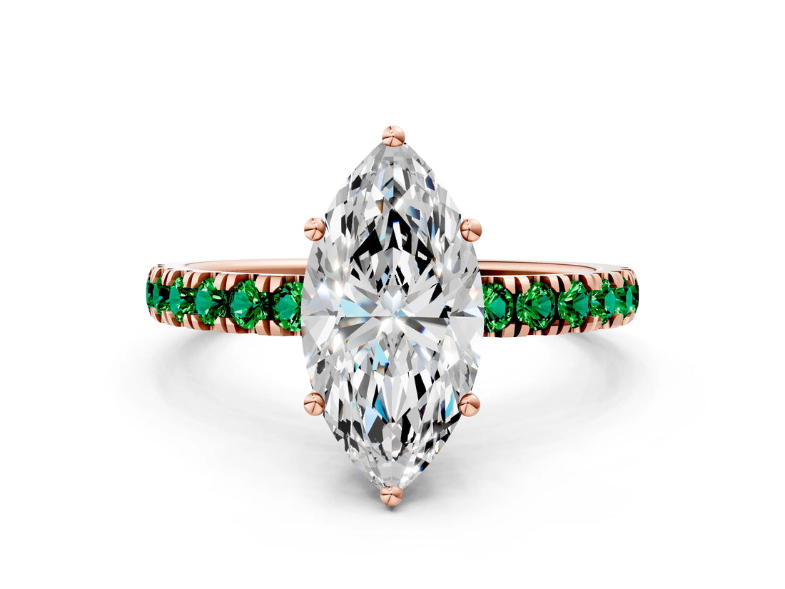 Rose gold Marquise Cut Diamond Pave Band Solitaire Ring with Round with Emerald side stone and Prong Setting