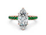 Rose gold Marquise Cut Diamond Pave Band Solitaire Ring with Round with Emerald side stone and Prong Setting