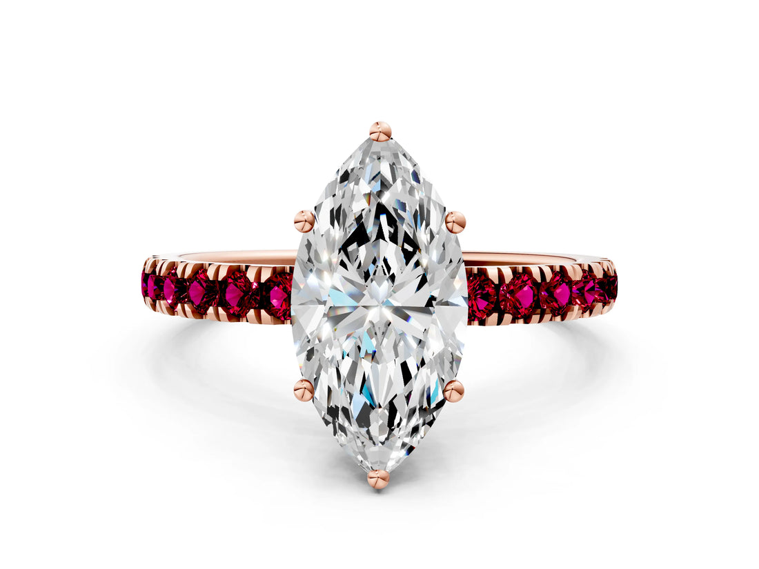 Rose gold Marquise Cut Diamond Pave Band Solitaire Ring with Round with Garnet side stone and Prong Setting_24