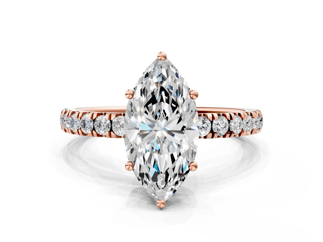 Rose gold Marquise Cut Diamond Pave Band Solitaire Ring with Round with Moissanite side stone and Prong Setting_24