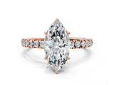 Rose gold Marquise Cut Diamond Pave Band Solitaire Ring with Round with Moissanite side stone and Prong Setting_24