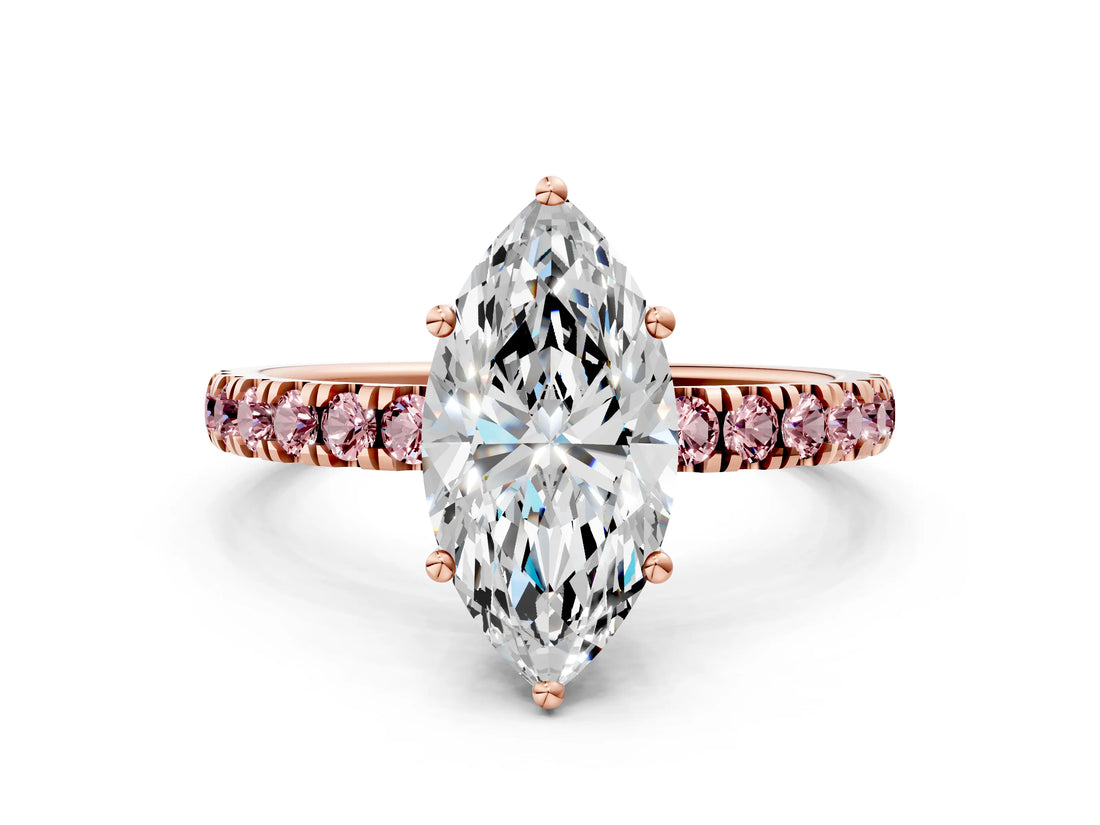 Rose gold Marquise Cut Diamond Pave Band Solitaire Ring with Round with Morganite side stone and Prong Setting_36