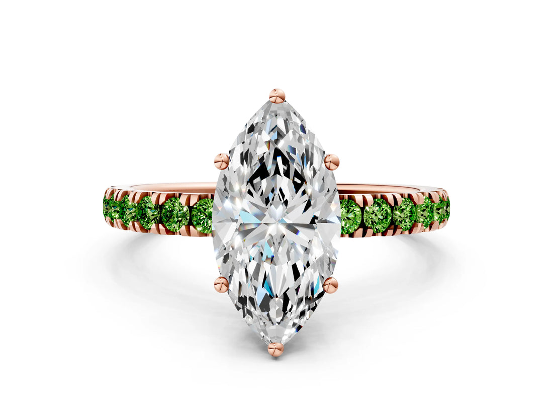 Rose gold Marquise Cut Diamond Pave Band Solitaire Ring with Round with Peridot side stone and Prong Setting
