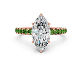 Rose gold Marquise Cut Diamond Pave Band Solitaire Ring with Round with Peridot side stone and Prong Setting