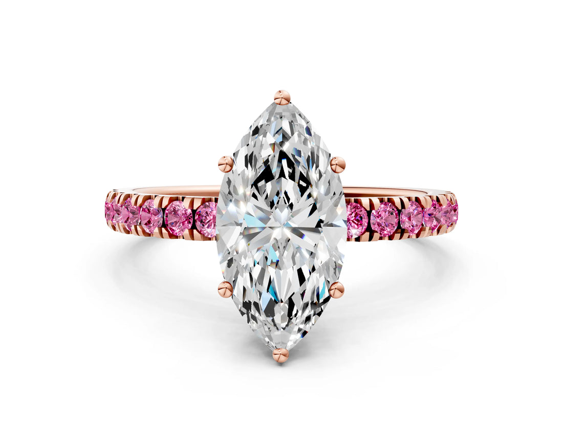 Rose gold Marquise Cut Diamond Pave Band Solitaire Ring with Round with Pink Sapphire side stone and Prong Setting_12