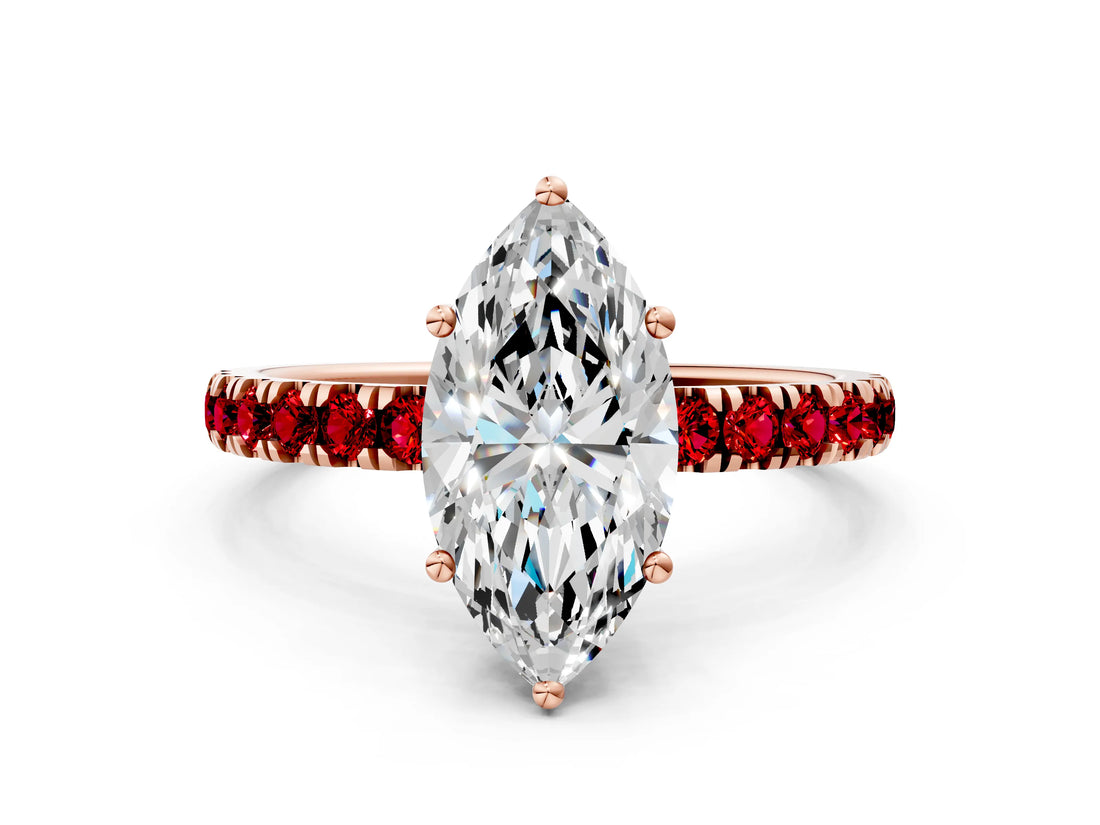 Rose gold Marquise Cut Diamond Pave Band Solitaire Ring with Round with Ruby side stone and Prong Setting_12