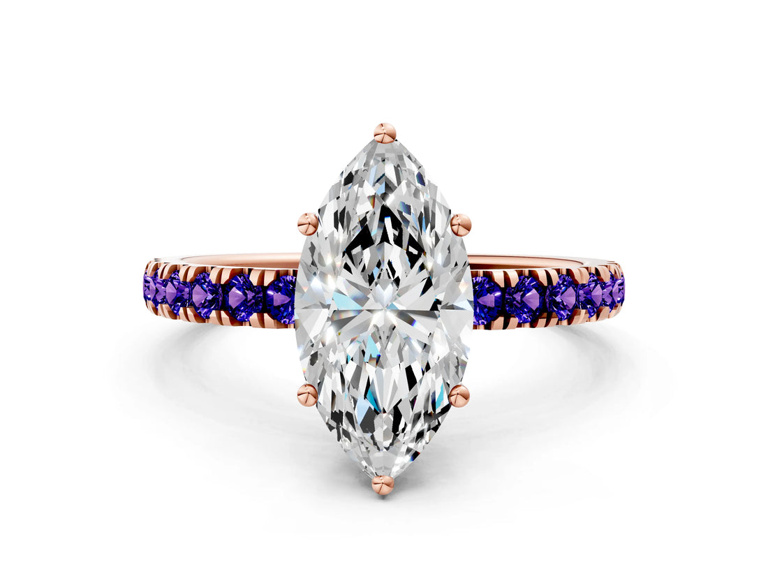 Rose gold Marquise Cut Diamond Pave Band Solitaire Ring with Round with Tanzanite side stone and Prong Setting