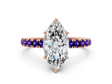 Rose gold Marquise Cut Diamond Pave Band Solitaire Ring with Round with Tanzanite side stone and Prong Setting