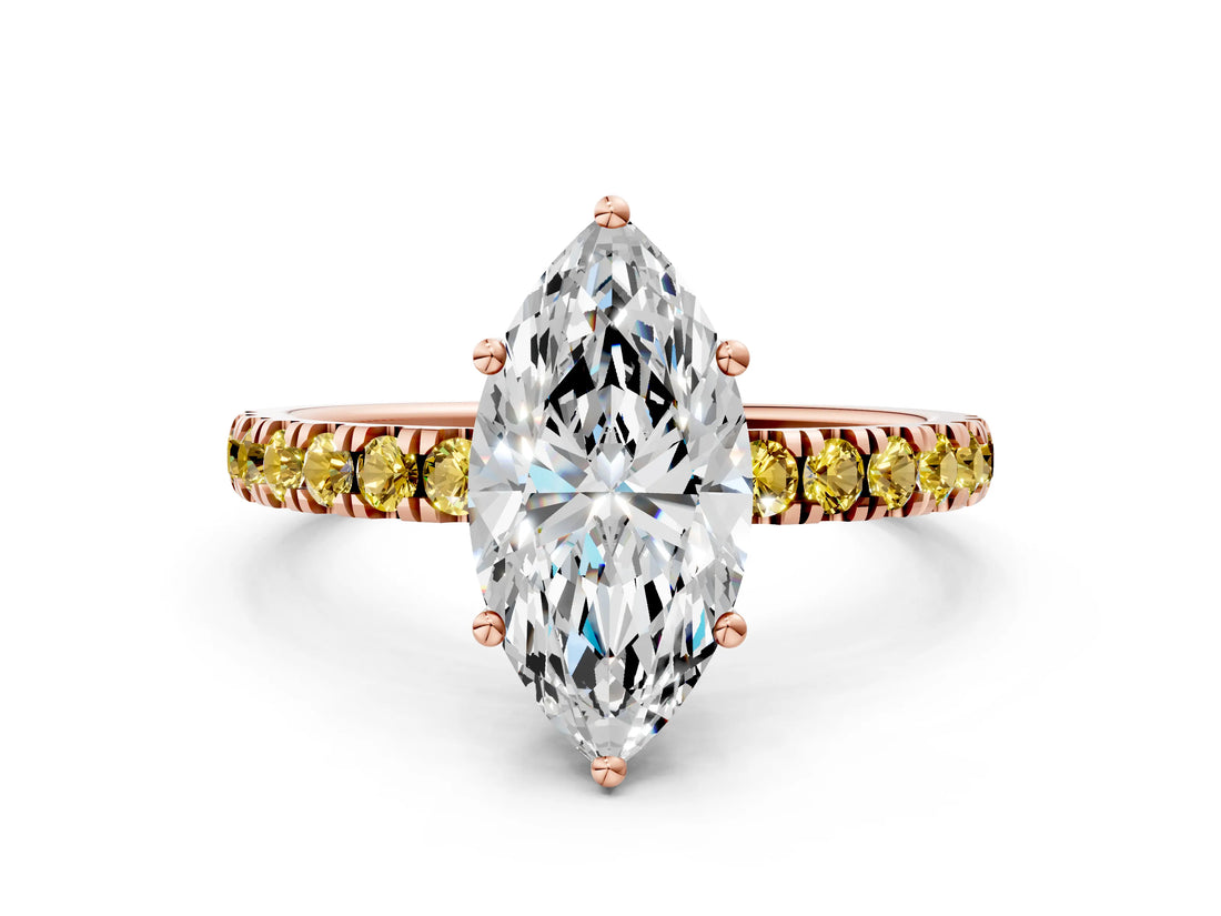 Rose gold Marquise Cut Diamond Pave Band Solitaire Ring with Round with Yellow Sapphire side stone and Prong Setting_12