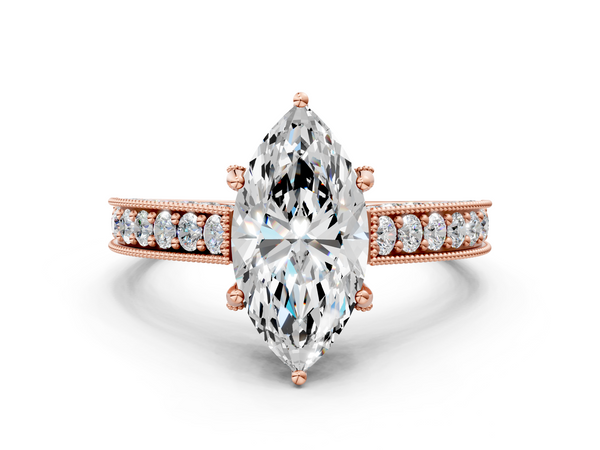 Rose gold Marquise Cut Diamond Solitaire Ring with Milgrain Pave Band and Four Prong Setting