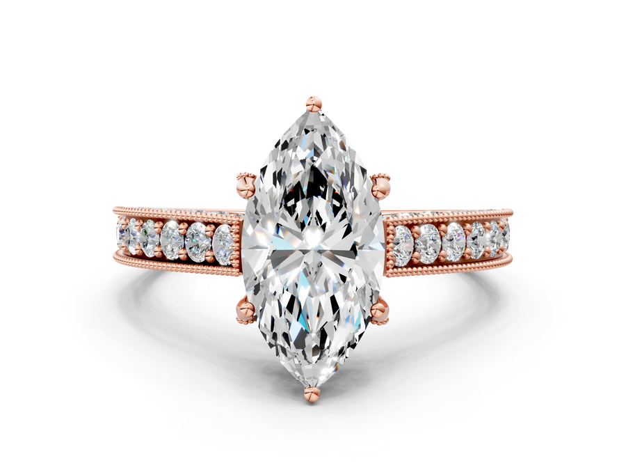 Rose gold Marquise Cut Diamond Solitaire Ring with Milgrain Pave Band and Four Prong Setting