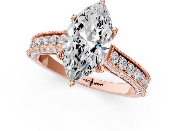 Rose gold Marquise Cut Diamond Solitaire Ring with Milgrain Pave Band and Four Prong Setting