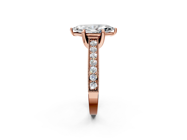 Rose gold Marquise Cut Diamond Solitaire Ring with Milgrain Pave Band and Four Prong Setting
