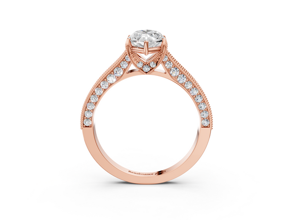 Rose gold Marquise Cut Diamond Solitaire Ring with Milgrain Pave Band and Four Prong Setting