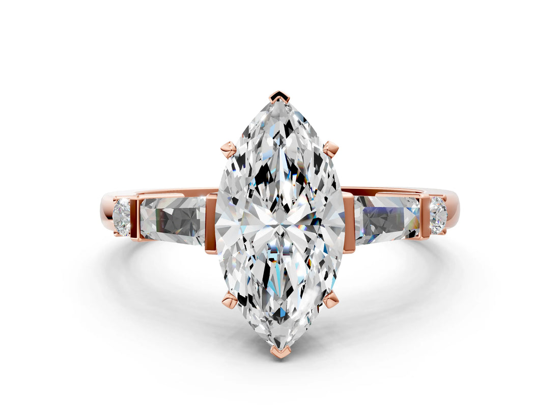 Rose gold Marquise Cut Diamond Ring with Baguette Side Stones, Channel Set Band, and Four-Prong Setting_25
