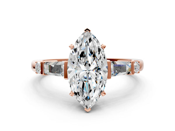 Rose Gold Marquise Three Stone Engagement Ring Setting with Bar Set Tapered Baguettes