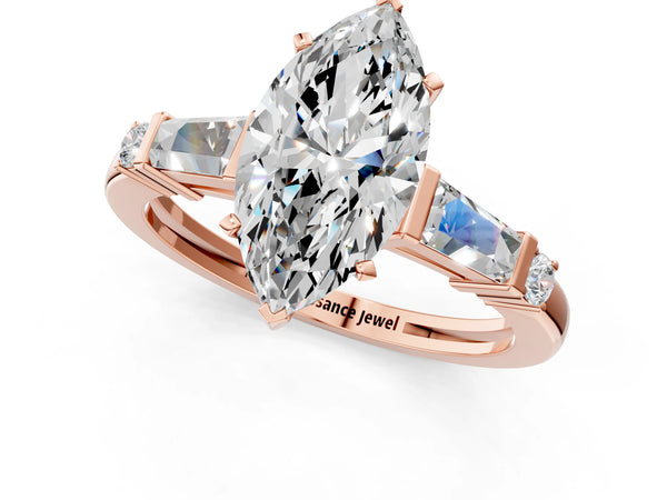 Rose Gold Marquise Three Stone Engagement Ring Setting with Bar Set Tapered Baguettes