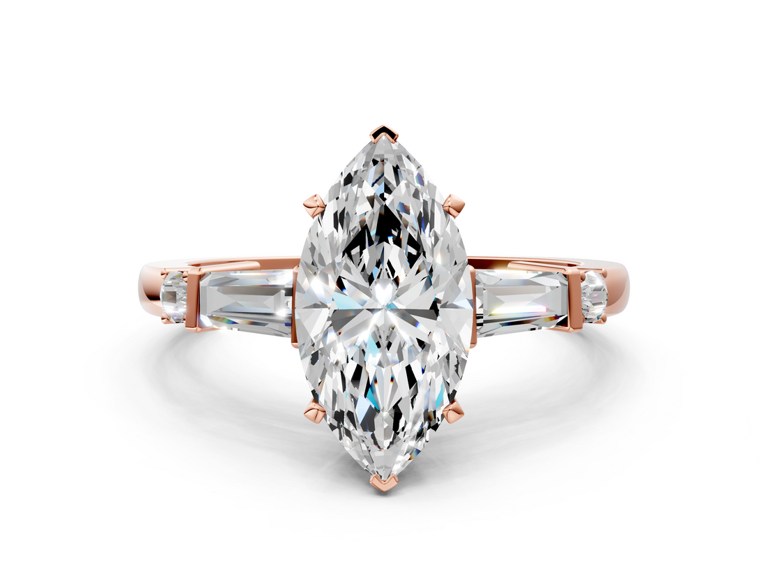 Rose gold Marquise Cut Diamond Ring with Baguette Side Stones, Channel Set Band, and Four-Prong Setting_42